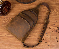 Casual Brown Leather Mens Sling Pack Sling Bags Chest Bag One Shoulder Backpack for Men - iwalletsmen