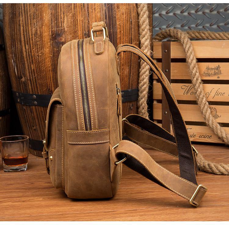 Fashion Light Brown Mens Leather 12-inch Small Backpacks Travel Backpa – iwalletsmen Fashion Light Brown Mens Leather 12-inch Small Backpacks Travel Backpa – iwalletsmen