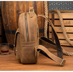 Fashion Light Brown Mens Leather 12-inch Small Backpacks Travel Backpack School Backpacks for men - iwalletsmen