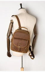 Fashion Light Brown Mens Leather 12-inch Small Backpacks Travel Backpack School Backpacks for men - iwalletsmen