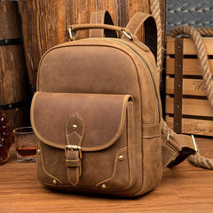 Fashion Light Brown Mens Leather 12-inch Small Backpacks Travel Backpack School Backpacks for men - iwalletsmen