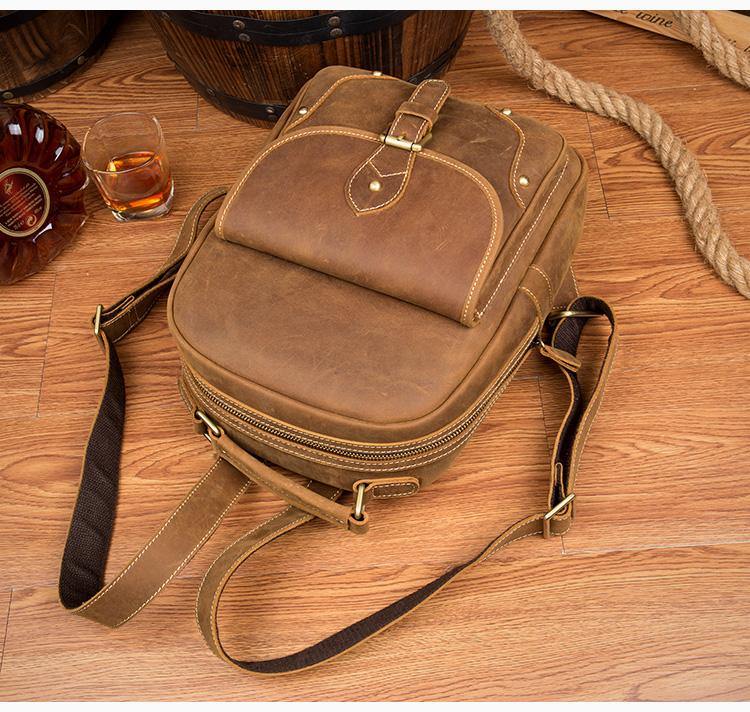 12 inches men mini backpack Fashion Light Brown Mens Leather 12-inch Small Backpacks Travel Backpa – iwalletsmen