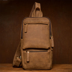Cool Light Brown Leather Mens 10 inches Sling Bag Crossbody Pack Chest Bag for men - iwalletsmen