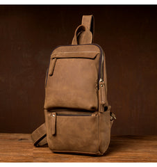 Cool Light Brown Leather Mens 10 inches Sling Bag Crossbody Pack Chest Bag for men - iwalletsmen