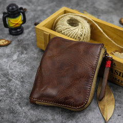 Vintage Leather Men's Small Change Wallet Brown Zipper Front Pocket Wallet For Men - iwalletsmen