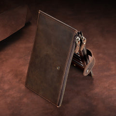Mens Bifold Leather Long Cards Wallet Multi Cards Wallet Long Double Zip Wallet for Men