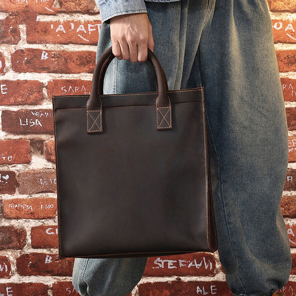 Men Vintage Leather Handbag Tote Shoulder bag 13.3'' Vertical CrossBody Bag For Men