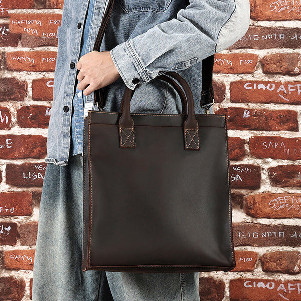 Men Vintage Leather Handbags Tote Shoulder bag 13.3'' Vertical CrossBody Bag For Men
