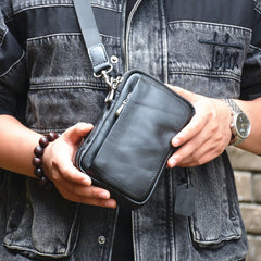 Mens Black Leather Mini Shoulder Bag Black Leather Cell Phone Crossbody Bag For Men