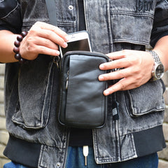 Mens Black Leather Mini Shoulder Bag Black Leather Cell Phone Crossbody Bag For Men