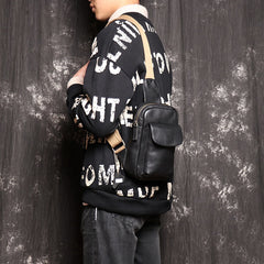 Mens Black Leather Sling Bag Cool Leather Sling Pack Cool Sling Crossbody Packs For Men