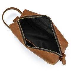 Mens Brown Leather Toiletry Bag Dopp Kit Clutch Wash Kit & Shaving Bag for Bathroom Organizer