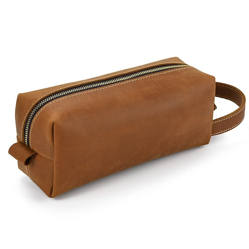 Mens Brown Leather Toiletry Bag Dopp Kit Clutch Wash Kit & Shaving Bag for Bathroom Organizer