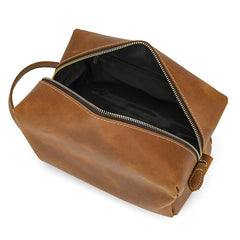 Mens Brown Leather Toiletry Bag Dopp Kit Clutch Wash Kit & Shaving Bag for Bathroom Organizer