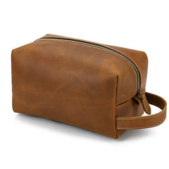 Mens Brown Leather Toiletry Bag Dopp Kit Clutch Wash Kit & Shaving Bag for Bathroom Organizer