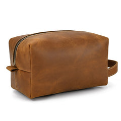 Mens Brown Leather Toiletry Bag Dopp Kit Clutch Wash Kit & Shaving Bag for Bathroom Organizer