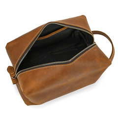 Mens Brown Leather Toiletry Bag Dopp Kit Clutch Wash Kit & Shaving Bag for Bathroom Organizer