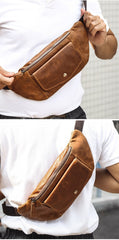 Brown Mens Fanny Packs Leather Belt Bag Casual Waist Bag Fanny Bag For Men