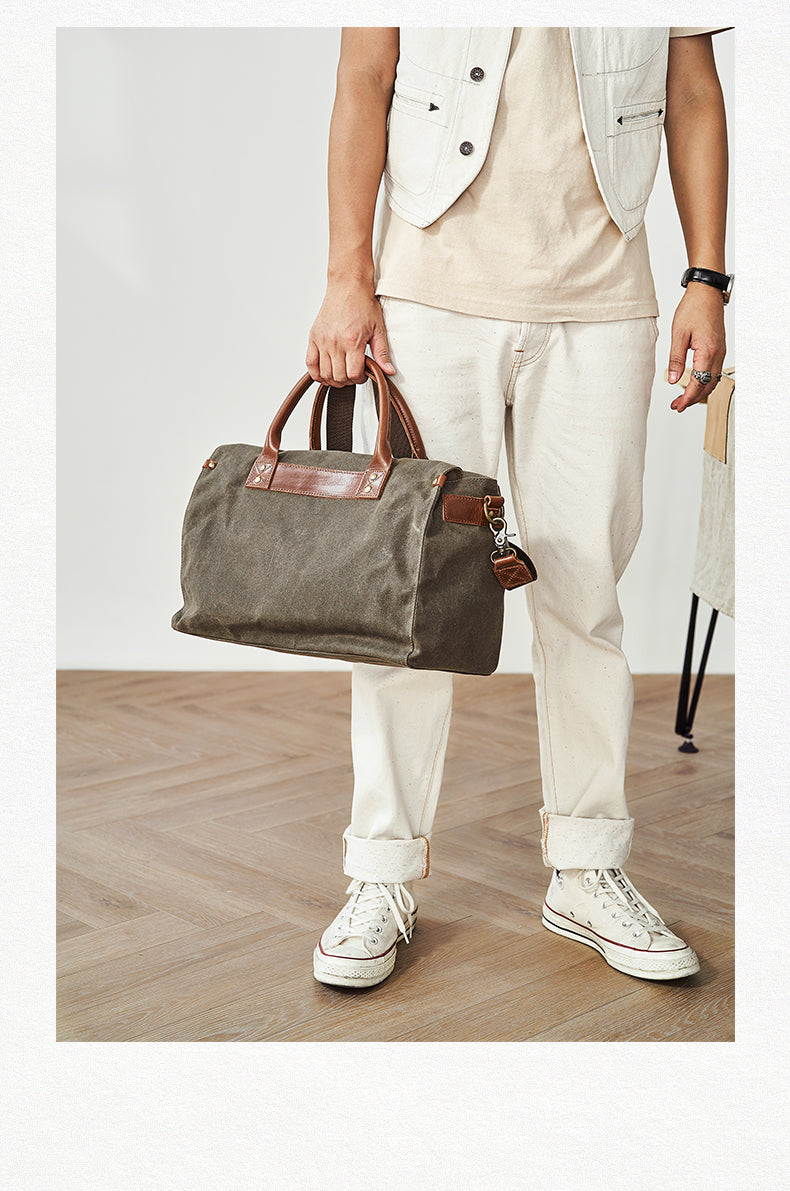 Mens Green Canvas Leather 14inch Black Briefcase Handbag Work Bag Business Side Bag for Men - iwalletsmen