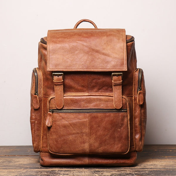 Mens Leather Brown Backpack for School Backpack 15.6'' Laptop Backpack Travel Backpack For Men