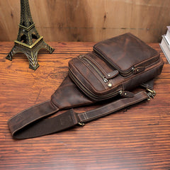 Mens Leather Sling Crossbody Pack Sling Bag Travel Pack Sling Chest Bag For Men