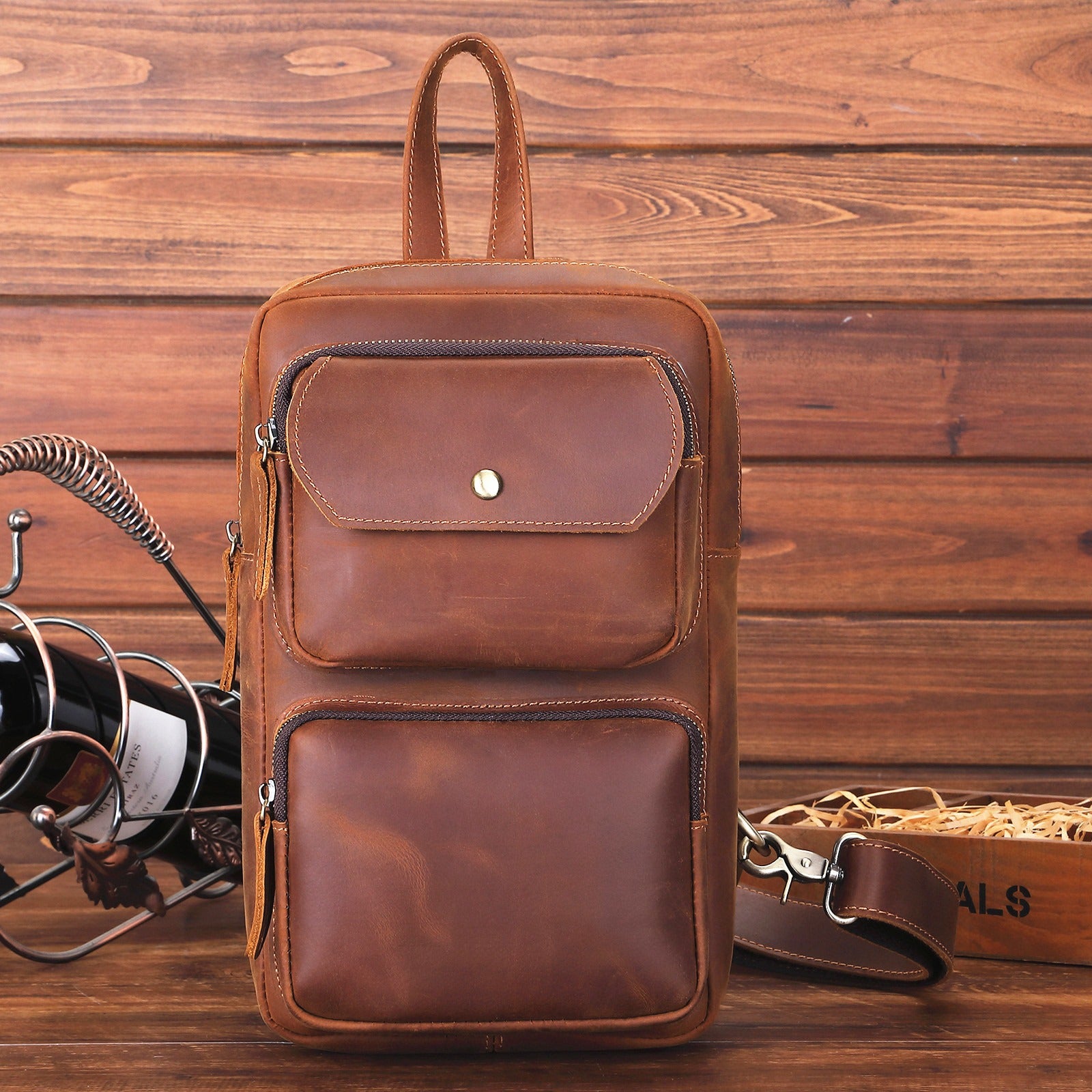 Mens Leather Sling Crossbody Pack Sling Bags Travel Pack Sling Chest Bag For Men