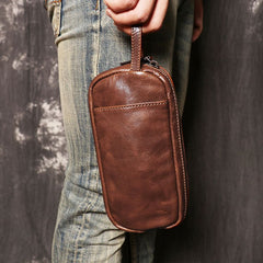 Mens Leather Zip Wallet Brown Wristlet Purse Leather Wristlet Clutch Bags For Men
