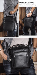 Mens Vertical Messenger Bags Black Leather Ipad Vertical Side Bags Courier Bag For Men