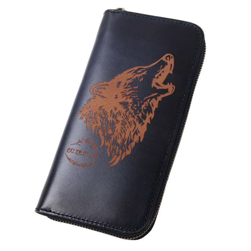 Around Zip Brown Leather Long Wallet Mens Wolf Zipper Clutch Wallet for Men