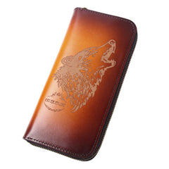 Around Zip Brown Leather Long Wallet Mens Wolf Zipper Clutch Wallet for Men