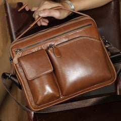 Mens Work Messenger Bags Coffee Leather Ipad Casual Side Bags Courier Bag For Men