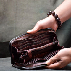 Black Leather Mens Zipper Long Wallet Wrinkled Zipper Clutch Wallet Large Wallet for Men