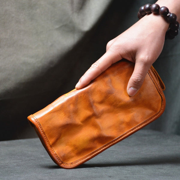 Tan Leather Mens Zipper Long Wallet Wrinkled Zipper Clutch Wallet Large Wallet for Men