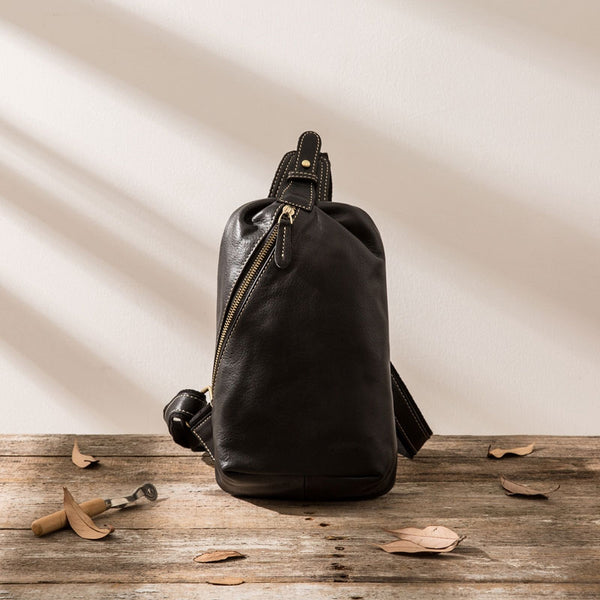 Mens Black Leather Sling Bag Sling Shoulder Bag Sling Backpack for men - iwalletsmen