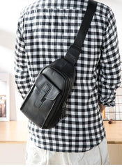 Cool Mens Black Leather 8 inches Chest Bag Sling Black One Shoulder Backpack Sling Backpack for men - iwalletsmen