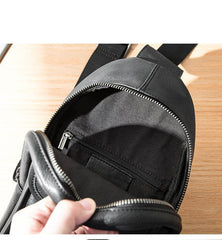 Cool Mens Black Leather 8 inches Chest Bag Sling Black One Shoulder Backpack Sling Backpack for men - iwalletsmen