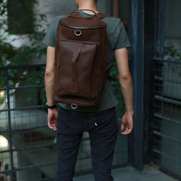 Mens Leather Barrel Backpack Cool Travel Bag Weekender Bag for men - iwalletsmen