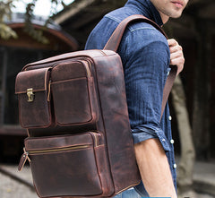 Large Brown Leather Mens Briefcase 15inch Laptop Backpack Work Bag Travel Bag For Men - iwalletsmen