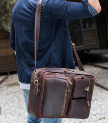 Large Brown Leather Mens Briefcase 15inch Laptop Backpack Work Bag Travel Bag For Men - iwalletsmen