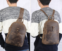 Vintage Brown Leather Men's Sling Bag Backpack Brown One Shoulder Backpack For Men - iwalletsmen
