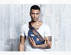 Navy Blue Canvas Leather Fanny Pack Men's Brown Chest Bag Canvas Sling Hip Bag Waist Bag For Men - iwalletsmen