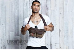 Navy Blue Canvas Leather Fanny Pack Men's Brown Chest Bag Canvas Sling Hip Bag Waist Bag For Men - iwalletsmen