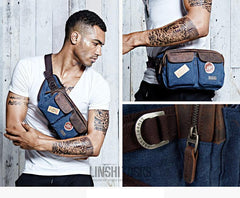 Navy Blue Canvas Leather Fanny Pack Men's Brown Chest Bag Canvas Sling Hip Bag Waist Bag For Men - iwalletsmen