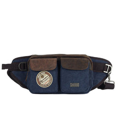 Navy Blue Canvas Leather Fanny Pack Men's Brown Chest Bag Canvas Sling Hip Bag Waist Bag For Men - iwalletsmen