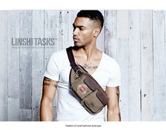 Navy Blue Canvas Leather Fanny Pack Men's Brown Chest Bag Canvas Sling Hip Bag Waist Bag For Men - iwalletsmen