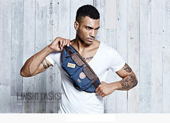 Navy Blue Canvas Leather Fanny Pack Men's Brown Chest Bag Canvas Sling Hip Bag Waist Bag For Men - iwalletsmen