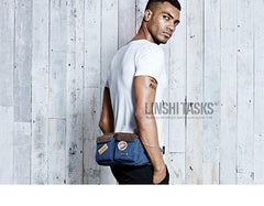 Navy Blue Canvas Leather Fanny Pack Men's Brown Chest Bag Canvas Sling Hip Bag Waist Bag For Men - iwalletsmen