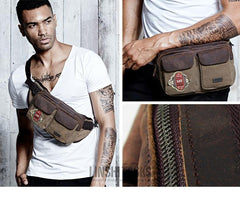 Navy Blue Canvas Leather Fanny Pack Men's Brown Chest Bag Canvas Sling Hip Bag Waist Bag For Men - iwalletsmen