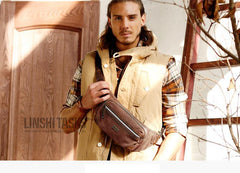 Navy Blue Canvas Leather Fanny Pack Women's Small Khaki Canvas Chest Bag Sling Hip Bag Waist Bag For Men - iwalletsmen