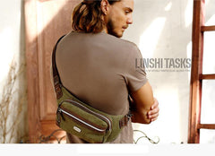 Navy Blue Canvas Leather Fanny Pack Women's Small Khaki Canvas Chest Bag Sling Hip Bag Waist Bag For Men - iwalletsmen